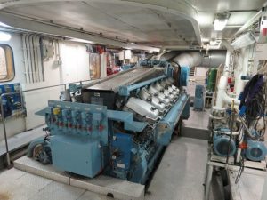 Engine room equipment, cables, pipes and valves in engine room